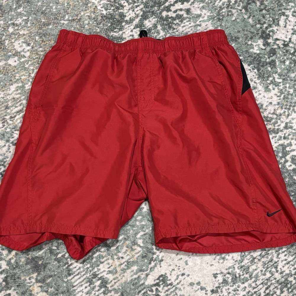 Vintage Nike Swim Trunks Men's Size 32" Red Black Swoosh Bathing Shorts Y2K